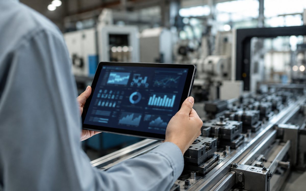 工場の生産ラインの前で、タブレットで設備の稼働状況を見る手元